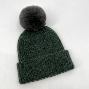 Anthropologie green ribbed pom beanie